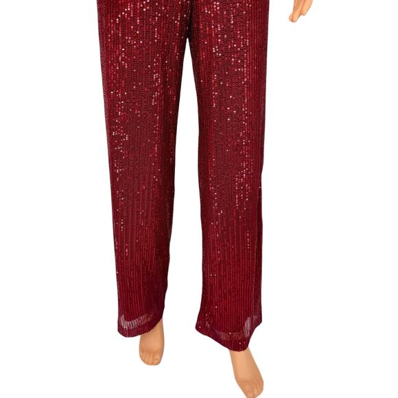 Lulus Wine Red Sequin Wide Leg Jumpsuit Size M Crisscross Open Back Sleeveless - Picture 5 of 16